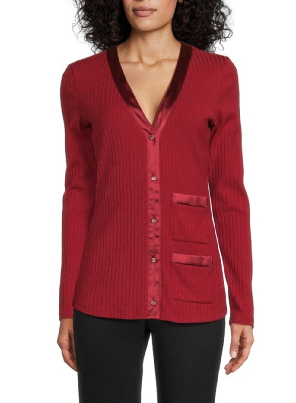 Area Stars Bria Ribbed Cardigan XS Red Satin Trim Button Front